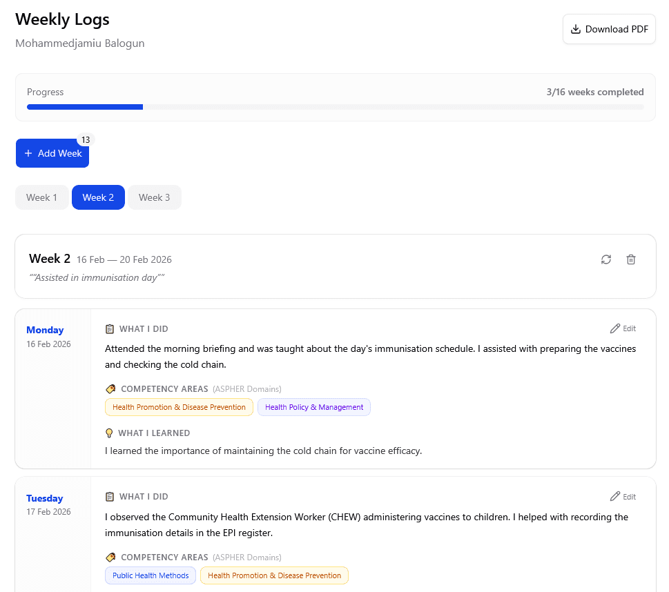 Weekly Logs — logbook progress, week navigation, and daily entries with competency areas